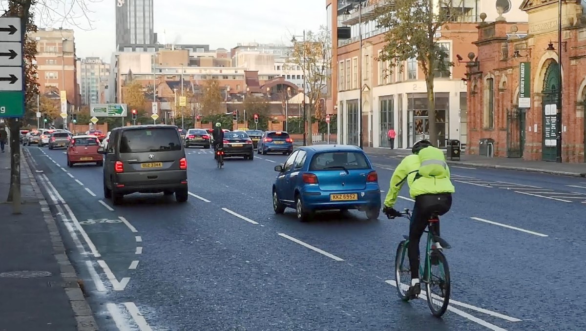 Cyclists negotiating the new East Bridge Street layout in Belfast