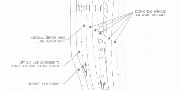 Seven lane layout at middle junction
(from document "37 Proposed Road Layout A1" reproduced from Planning Portal for purposes of consultation, published 25/05/2018, LA04/2018/0448/F)